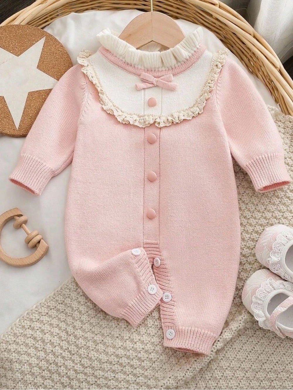 Baby Pink Knit One-Piece Romper with Lace Collar